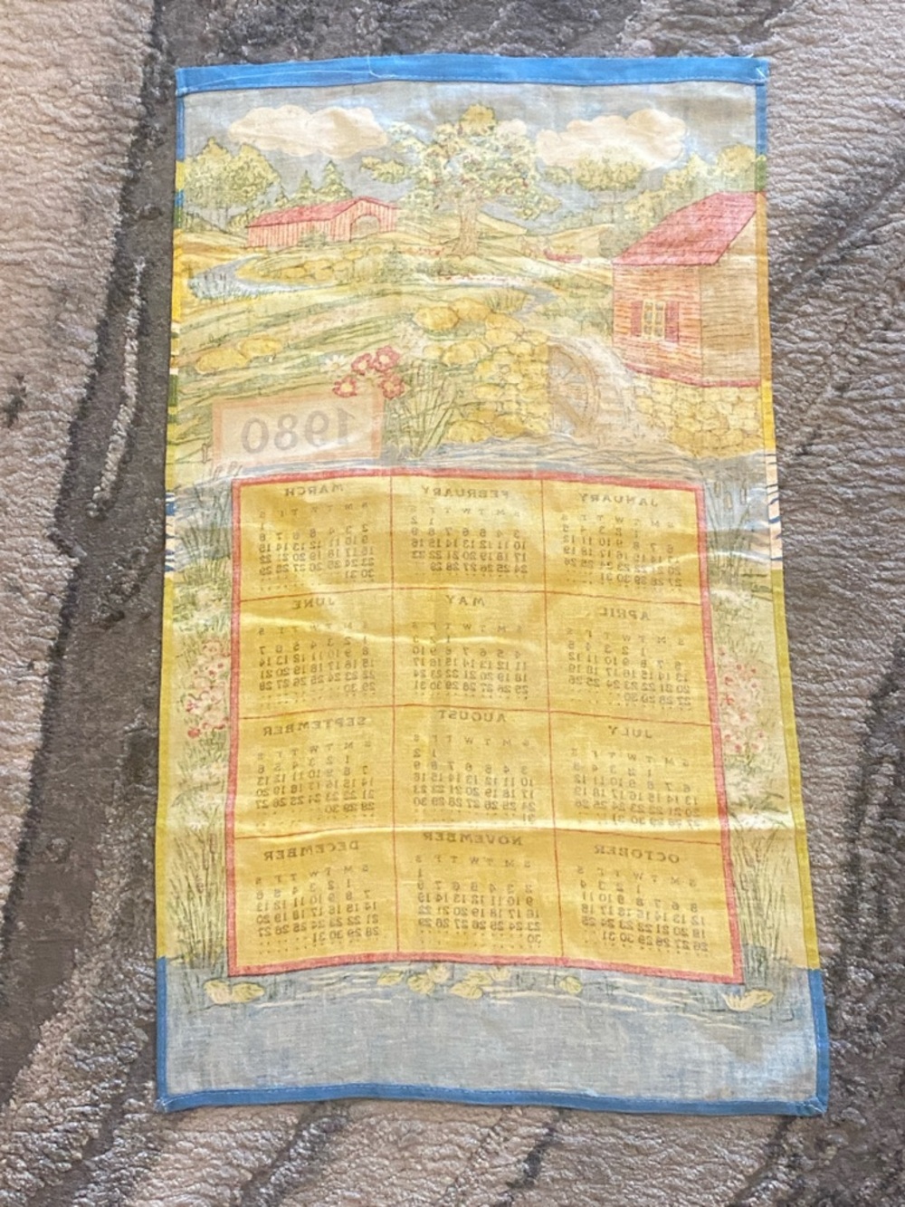 Vintage 1980 linen blend Calendar tea towel vibrant colors Country Scene - Picture 4 of 8